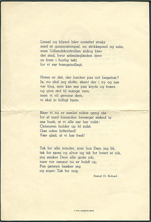 Telefoncensurens Afskedsmiddag i Slotsgaarden d. 31.1.1946. Intern lejlighedsvise. Indvendig officiel (?) rød papir-oblat med C og krone fra Censuren.