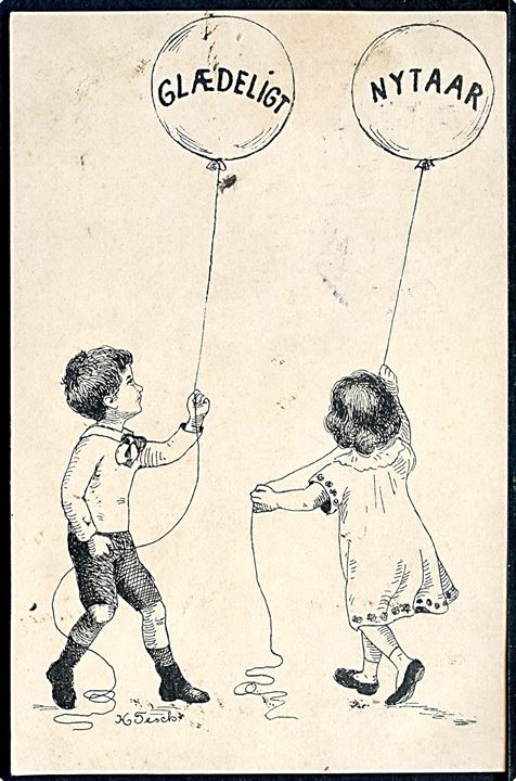 Helga Tesch: Nytårskort. 2 børn med balloner. Frederiksberg postkortlager u/no.