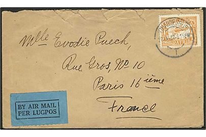 1/- sh. Luftpost single på luftpostbrev fra Johannesburg d. 27.1.1932 til Paris, Frankrig. Revet i toppen.