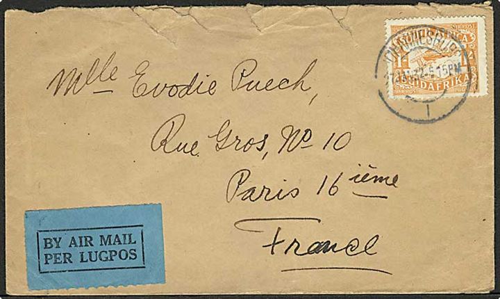 1/- sh. Luftpost single på luftpostbrev fra Johannesburg d. 27.1.1932 til Paris, Frankrig. Revet i toppen.