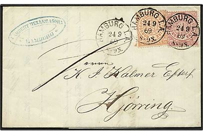 NDP. ½ gr. og 1 gr. Norddeutsche Postbezirk udg. på 1½ gr. frankeret brev fra Hamburg d. 24.9.1869 til Hjørring. Særtakst til Danmark.