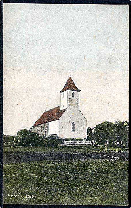 Astrup kirke (stavet Aastrup på kortet!). Stenders no. 7130.