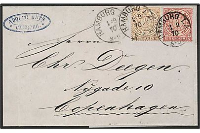 NDP. ½ gr. og 1 gr. Norddeutsche Postbezirk udg. på 1½ gr. frankeret brev fra Hamburg d. 1.9.1870 til København, Danmark. Særtakst til Danmark.