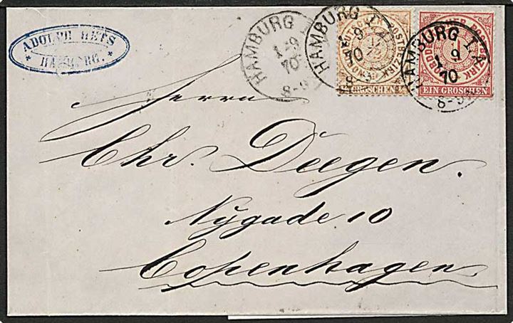 NDP. ½ gr. og 1 gr. Norddeutsche Postbezirk udg. på 1½ gr. frankeret brev fra Hamburg d. 1.9.1870 til København, Danmark. Særtakst til Danmark.