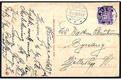 15 øre Chr. X Postjubilæum på brevkort annulleret med stjernestempel OVERLADE og sidestemplet AARS d. 8.7.1925 til Hjallerup.