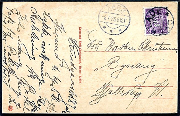 15 øre Chr. X Postjubilæum på brevkort annulleret med stjernestempel OVERLADE og sidestemplet AARS d. 8.7.1925 til Hjallerup.