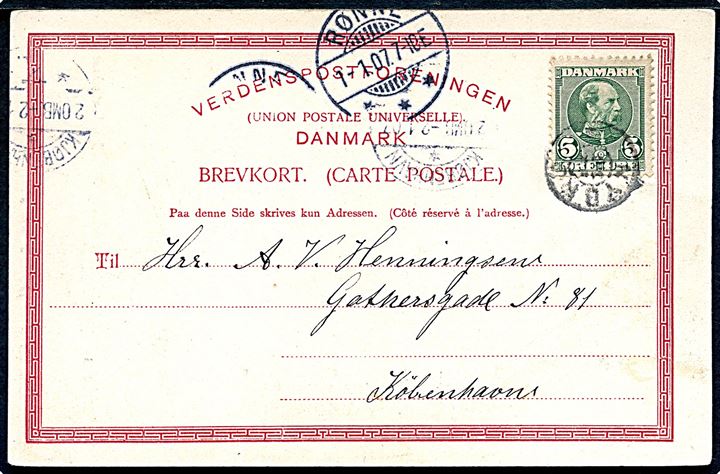5 øre Chr. IX på brevkort annulleret med stjernestempel NYBRO og sidestemplet Rønne d. 1.1.1907 til København.