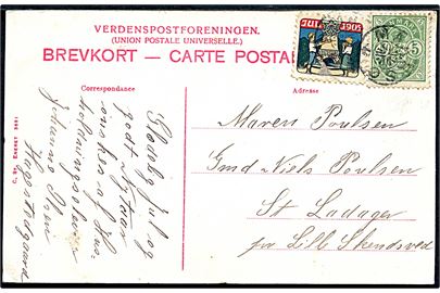 5 øre Våben og Julemærke 1905 (defekt) på brevkort annulleret med stjernestempel MAARSØ til Lille Skensved.
