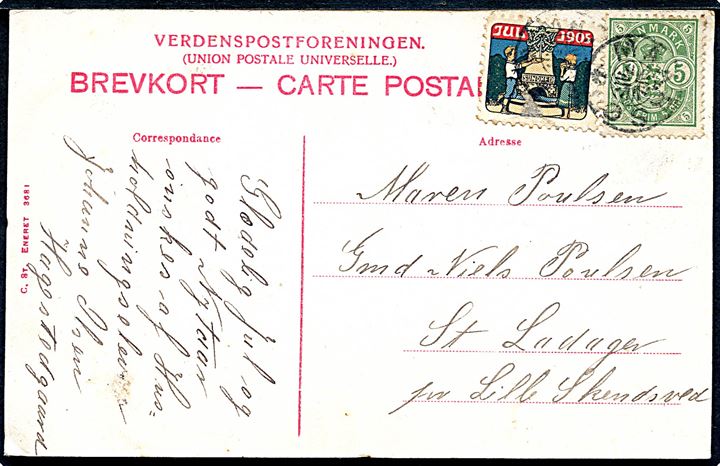 5 øre Våben og Julemærke 1905 (defekt) på brevkort annulleret med stjernestempel MAARSØ til Lille Skensved.