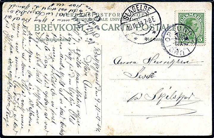 5 øre Chr. X på brevkort annulleret med stjernestempel LUNDFORLUND og sidestemplet Slagelse d. 10.11.1914 til Skælskør. Stjernestempel benyttet ca. 5 måneder tidligere end registreret i Skilling.