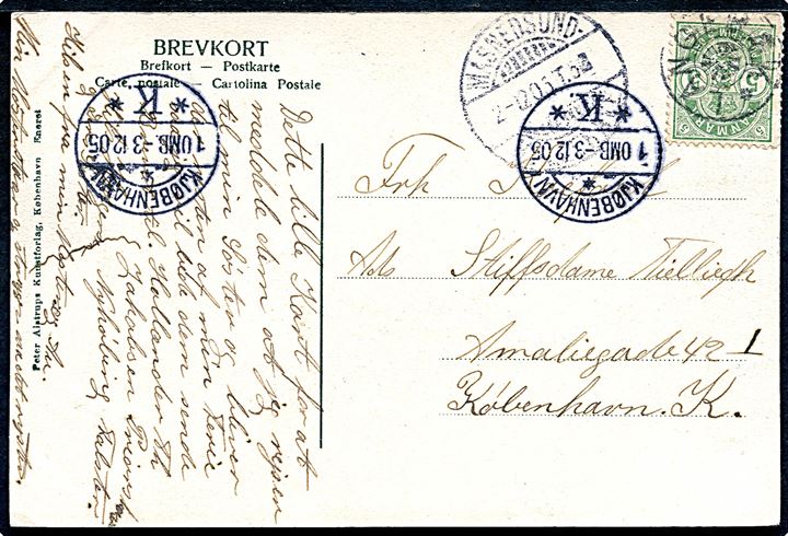 5 øre Våben på brevkort annulleret med stjernestempel LANGEBÆK og sidestemplet bureau Masnedsund - Kallehave T.5 d. 2.12.1905 til København.