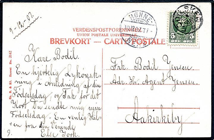 5 øre Fr. VIII på brevkort annulleret med stjernestempel BODILSKER og sidestemplet med bureau Rønne - Nexø T.8 d. 10.12.1907 til Aakirkeby.