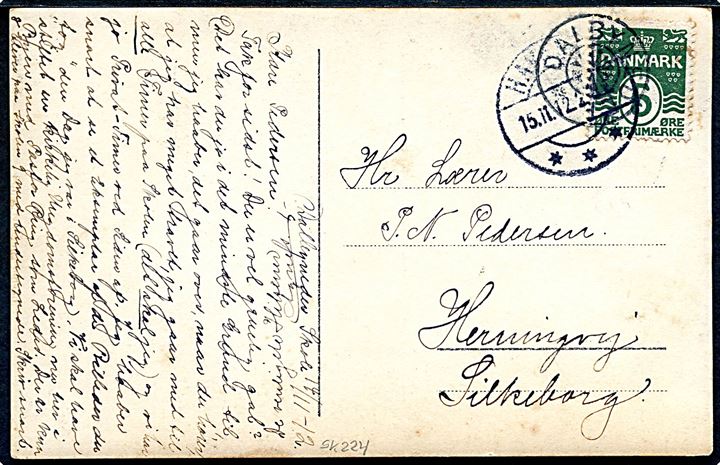 5 øre Bølgelinie på brevkort annulleret med stjernestempel DALBYNEDER og sidestemplet Havndal d. 15.11.1912 til Silkeborg.