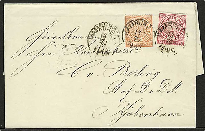 NDP. ½ gr. og 1 gr. Norddeutsche Postbezirk udg. på 1½ gr. frankeret brev fra Hamburg d. 13.5.1870 til København, Danmark. Særtakst til Danmark.