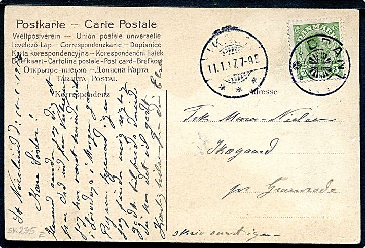 5 øre Chr. X på brevkort annulleret med stjernestempel DRANTUM og sidestemplet Ikast d. 11.11.1917 til Gramrode.
