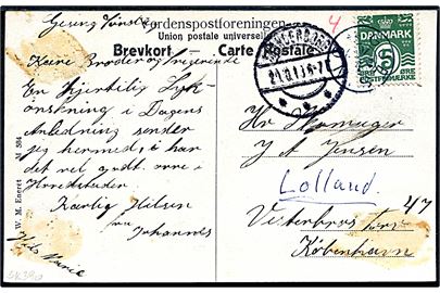 5 øre Bølgelinie på brevkort annulleret med stjernestempel GJESING og sidestemplet Skanderborg d. 20.10.1913 til København. Kortet har været opklæbet.