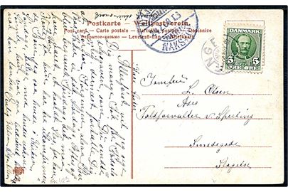 5 øre Fr. VIII på brevkort annulleret med stjernestempel GRÆNGE og sidestemplet bureau Nykjøbing - Nakskov T.6 d. 24.2.1908 til Slagelse.