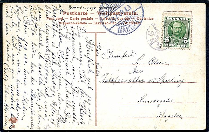 5 øre Fr. VIII på brevkort annulleret med stjernestempel GRÆNGE og sidestemplet bureau Nykjøbing - Nakskov T.6 d. 24.2.1908 til Slagelse.