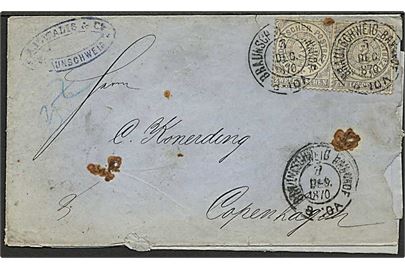 NDP. 2 gr. Norddeutsche Postbezirk udg. i parstykke på brev fra Braunschweig d. 7.12.1870 til København, Danmark. Lidt nusset.