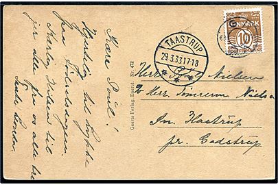 10 øre Bølgelinie på brevkort annulleret med udslebet stjernestempel GREVE og sidestemplet Taastrup d. 29.3.1933 til Gadstrup.