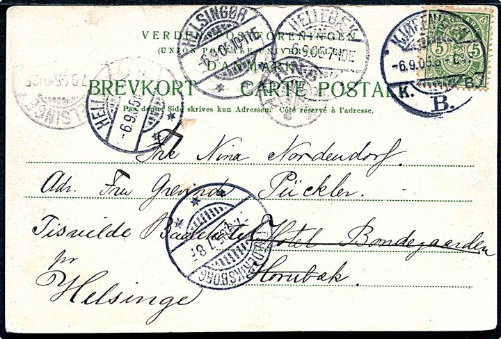 5 øre Våben på brevkort fra Kjøbenhavn d. 6.9.1905 via Helsingør og Hellebæk til Hotel Bondegaarden i Hornbæk - eftersendt til Tisvilde Badehotel pr. Helsinge med både stjernestempel HORNBÆK og transit stempler fra Hellebæk, Frederiksborg og Helsinge.