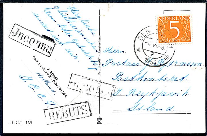 5 c. Ciffer på brevkort fra Den Helden d. 4.6.1956 til Reykjavik, Island. Retur som ubekendt med rammestempler: Jnconnu og Rebuts.