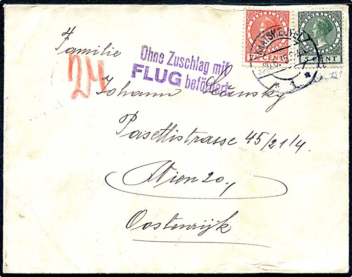 5 c. og 7½ c. Wilhelmine på brev fra Kaatsheuvel d. 20.6.1935 til Wien, Østrig. Violet stempel Ohne Zuschlag mit FLUG befördert og markering 24 som angiver at brevet er befordret med rørpost i Wien. Bagklap revet.
