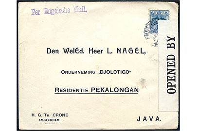 12½ c. Wilhelmina single på brev fra Amsterdam d. 12.12.1917 til Pekalongan, Java, Hollandsk Ostindien. Liniestempel Per Engelsche Mail og åbnet af britisk censur no. 1335. Ank. stemplet d. 8.3.1918.