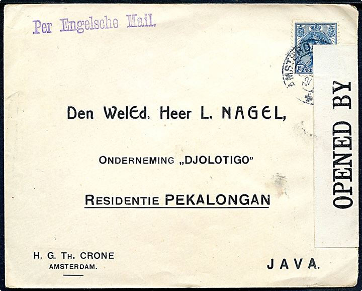 12½ c. Wilhelmina single på brev fra Amsterdam d. 12.12.1917 til Pekalongan, Java, Hollandsk Ostindien. Liniestempel Per Engelsche Mail og åbnet af britisk censur no. 1335. Ank. stemplet d. 8.3.1918.
