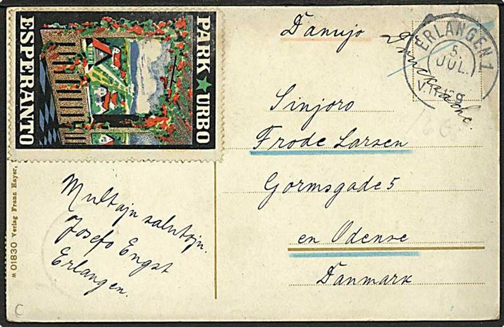 Bayern 5 pfg. på billedside af brevkort fra Erlangen d. 5.7.191x til Odense, Danmark. Stor Esperanto mærkat.