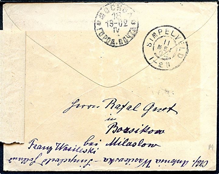2½ c. Ciffer i 5-stribe på brev fra Simpelveld d. 28.4.1902 til Pistri, Moskav, Rusland. Retur som ubekendt med russisk etiket vedr. uanbringelighedsårsag og ank.stemplet i Simpelveld d. 11.5.1902
