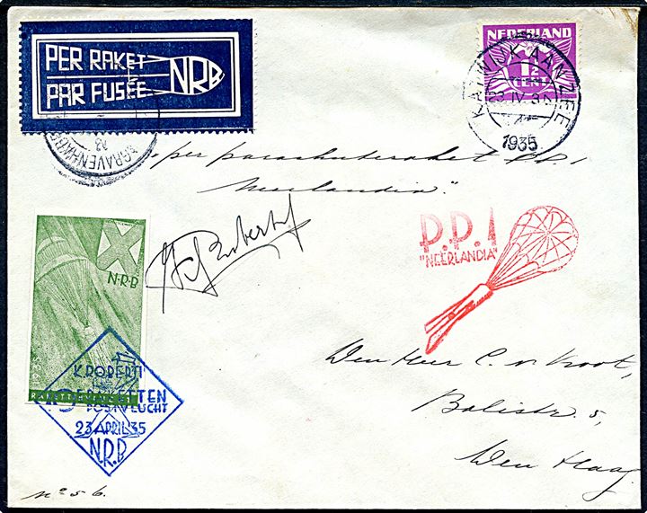 1½ c. Ciffer og Raketpost mærke på Raket luftpostbrev stemplet Katwijk aan Zee d. 23.4.1935 til Den Haag. Særlig 2-sproget Raket-luftpost etiket samt flyvningsstempel fra 10 N.R.B. Raket postflyvning d. 23.4.1935 og rødt P.P.1. Neerlandia flyvningsstempel. No. 56 af 466 befordrede kuverter med signatur fra K. Roberti.