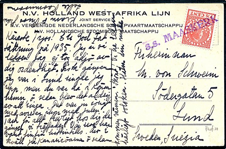 7½ c. Wilhelmina med perfin W-A på brevkort (Gran Canaria) fra Holland West-Afrika Lijn annulleret med liniestempel s.s. MAASKERK ca. 1935 til Lund, Sverige.
