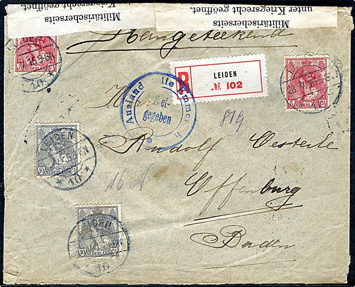 5 c. (2) og 10 c. (2) Wilhelmina på anbefalet brev fra Leiden d. 28.5.1915 til Offenburg, Baden, Tyskland. Åbnet af tysk censur i Emmerich.