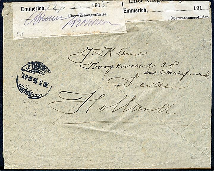 5 c. (2) og 10 c. (2) Wilhelmina på anbefalet brev fra Leiden d. 28.5.1915 til Offenburg, Baden, Tyskland. Åbnet af tysk censur i Emmerich.