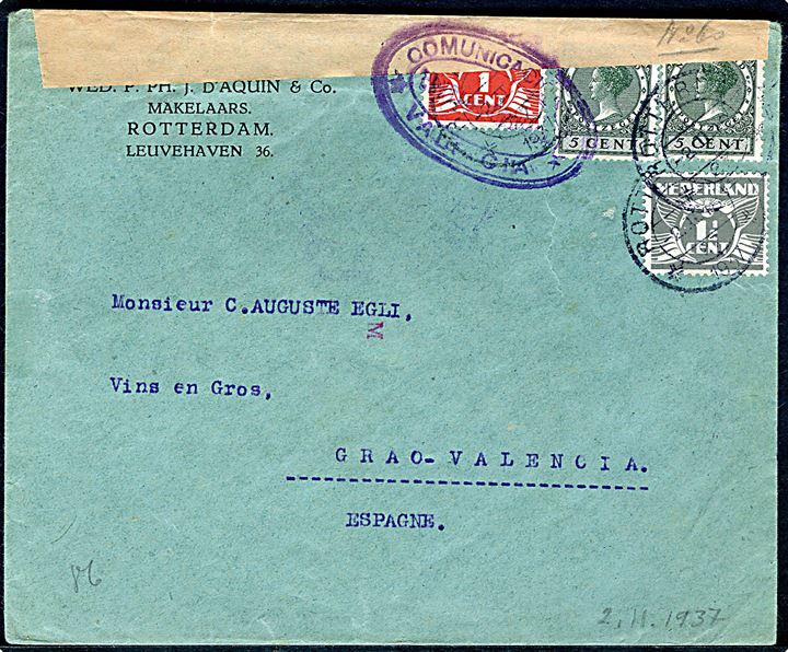 1 c., 1½ c. Ciffer og 5 c. Wilhelmina (2) på brev fra Rotterdam d. 2.11.1937 til Grao-Valencia, Spanien. Rødt M fra maskinel Transorma sortering i Holland og åbnet af spansk borgerkrigscensur i Valencia.