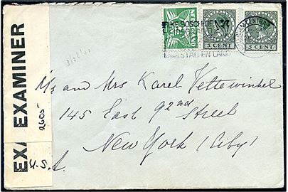 2½ c. Ciffer og 5 c. Wilhelmina (2) på brev fra Amsterdam d. 26.3.1940 til New York, USA. Åbnet af britisk censur med INTERIM-banderole Opened by Examiner og håndskrevet censor-nr. 2605. På bagsiden noteret modtaget i New York d. 7.5.1940.