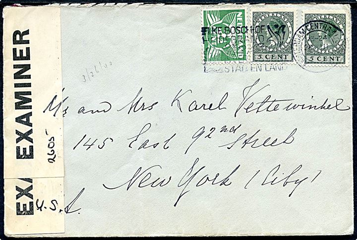 2½ c. Ciffer og 5 c. Wilhelmina (2) på brev fra Amsterdam d. 26.3.1940 til New York, USA. Åbnet af britisk censur med INTERIM-banderole Opened by Examiner og håndskrevet censor-nr. 2605. På bagsiden noteret modtaget i New York d. 7.5.1940.
