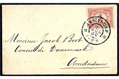 1 c. Ciffer single på lille lokalbrev i Amsterdam d. 1.8.1900 til den danske konsul. På bagsiden afs.-stempel fra det italienske konsulat i Amsterdam.