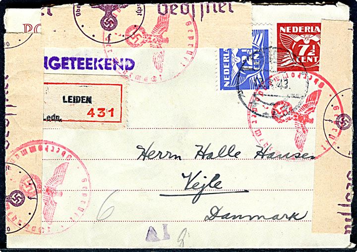7½ c. helsags korrespondancekort opfrankeret med 12½ c. Brevdue sendt anbefalet fra Leiden d. 13.10.1943 til Vejle, Danmark. Åbnet af tysk censur i Hamburg med spor efter kemisk censur. Ank.stemplet i Vejle d. 18.10.1943.