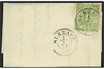 1 kr. stukken kant på uadresseret tryksag stemplet Wurzach d. 1.9.1871.
