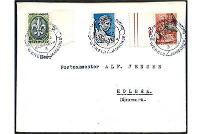 Komplet sæt 5. Spejder Verdens Jamboree udg. på brev annulleret med særligt spejderstempel Bloemendaal / Vogelenzang Wereld Jamboree / 3 / d. 13.8.1937 til Holbæk, Danmark.