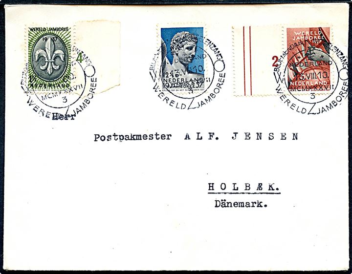 Komplet sæt 5. Spejder Verdens Jamboree udg. på brev annulleret med særligt spejderstempel Bloemendaal / Vogelenzang Wereld Jamboree / 3 / d. 13.8.1937 til Holbæk, Danmark.