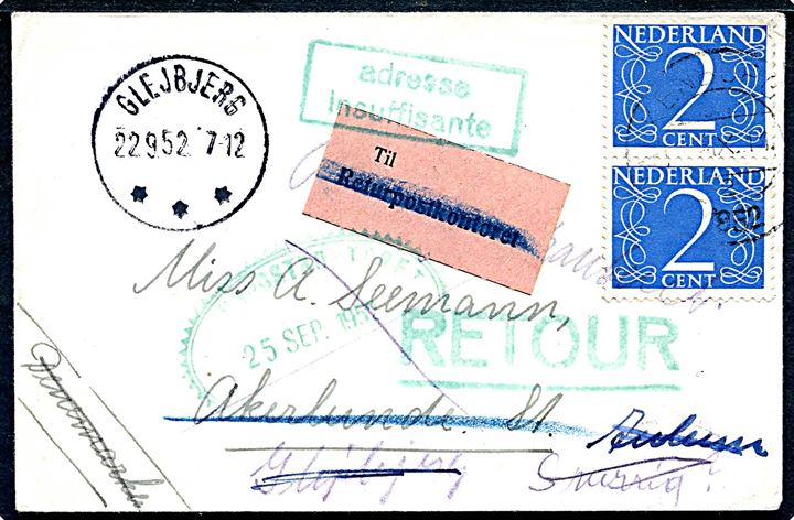 2 c. Ciffer i parstykke på lille brev fra Holland 1952 til Akerlunde St. - forsøgt flere steder og returneret via Returpostkontoret med pga. utilstrækkelig adresse. Brotype IIIc Glejbjerg d. 22.9.1952.