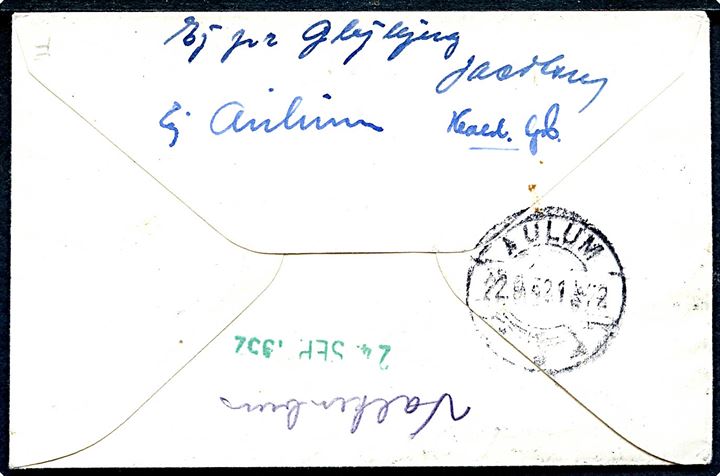 2 c. Ciffer i parstykke på lille brev fra Holland 1952 til Akerlunde St. - forsøgt flere steder og returneret via Returpostkontoret med pga. utilstrækkelig adresse. Brotype IIIc Glejbjerg d. 22.9.1952.