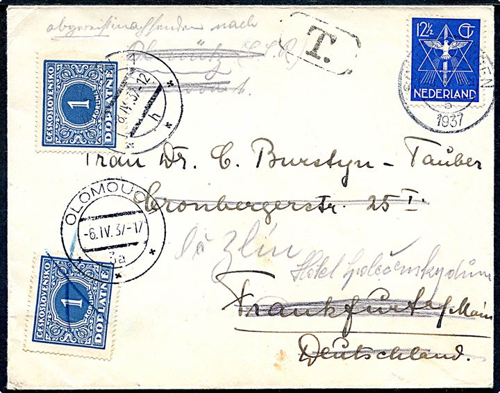 12½ c. Verdensfreds udg. single på underfrankeret brev fra Holland d. 3.4.1937 til Frankfurt, Tyskland - eftersendt til både Olomouc og Zlin i Tjekkoslovakiet med 1 kr. (2) Tjekkisk portomærke stemplet d. 6.4.1937 og 8.4.1937.
