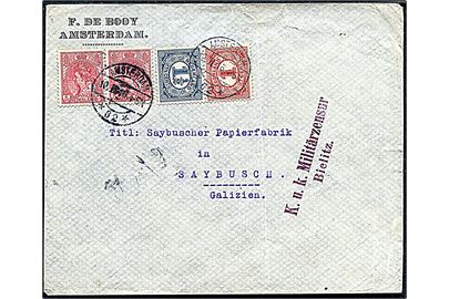 1 c, 1½ c. Ciffer og 5 c. Wilhelmina i parstykke på brev fra Amsterdam d. 10.2.1916 til Saybusch i Galizien, Østrig. Passér stemplet: K.u.K. Militärzensur Bielitz.