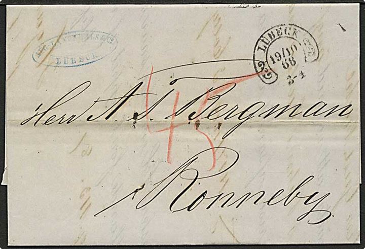 1868. Portobrev med hestesko stempel Lübeck d. 19.10.1868 til Ronneby, Sverige. Påskrevet 45 öre svensk porto.