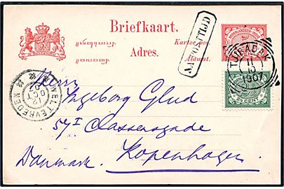 5 c. helsagsbrevkort opfrankeret md 2½ c. Ciffer annulleret Tjibadak d. 11.10.1907 og sidestemplet Na Posttijd via Weltevreden d. 12.10.1907 til København, Danmark.
