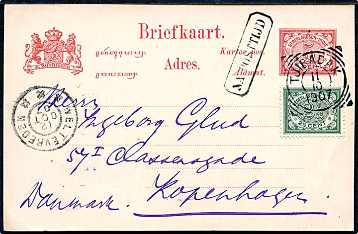 5 c. helsagsbrevkort opfrankeret md 2½ c. Ciffer annulleret Tjibadak d. 11.10.1907 og sidestemplet Na Posttijd via Weltevreden d. 12.10.1907 til København, Danmark.